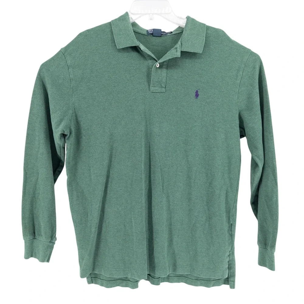 Polo Ralph Lauren Men's XL Green Long Sleeve Polo Shirt Purple Pony 100%‎ Cotton